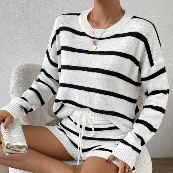 . Sweaters - White Boho Womens Striped Drop Shoulder Sweater & Drawstring Waist Knit Shorts